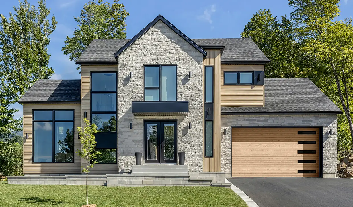 Model Moderno Multi, 12' x 8', Iron Ore, window layout: Outer Harmony with White Sandblasted glass